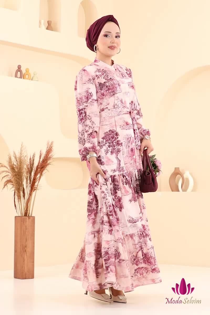 moda selvim Dress 4458BRZ597 Pattern3 Fuchsia - Thumbnail