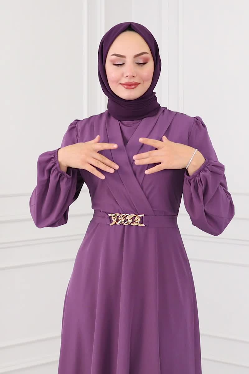 moda selvim Hijab Dress with Chain Belt ASM2646 Lila - Thumbnail