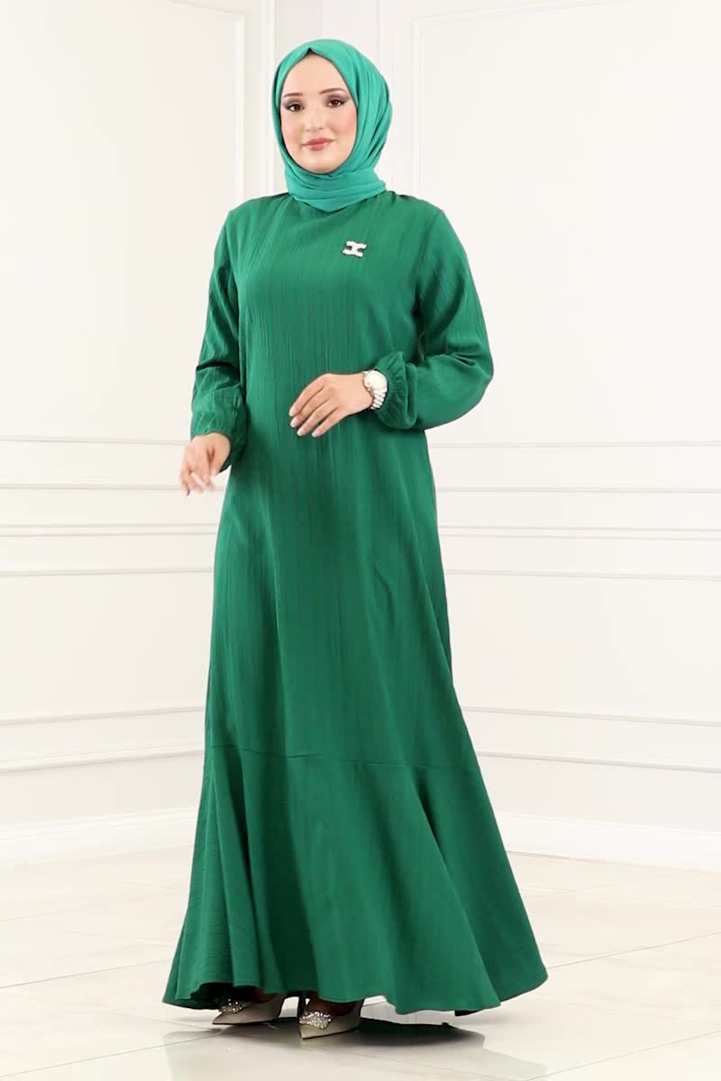 moda selvim Eteği Volanlı Tesettür Elbise 3002PM271 Zümrüt - Thumbnail