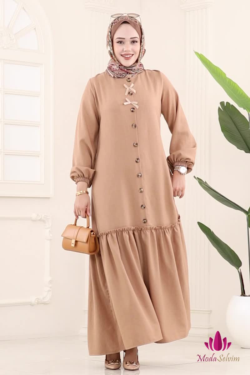 moda selvim Kurdela Detaylı Sofia Elbise 4115PM271 Latte - Thumbnail