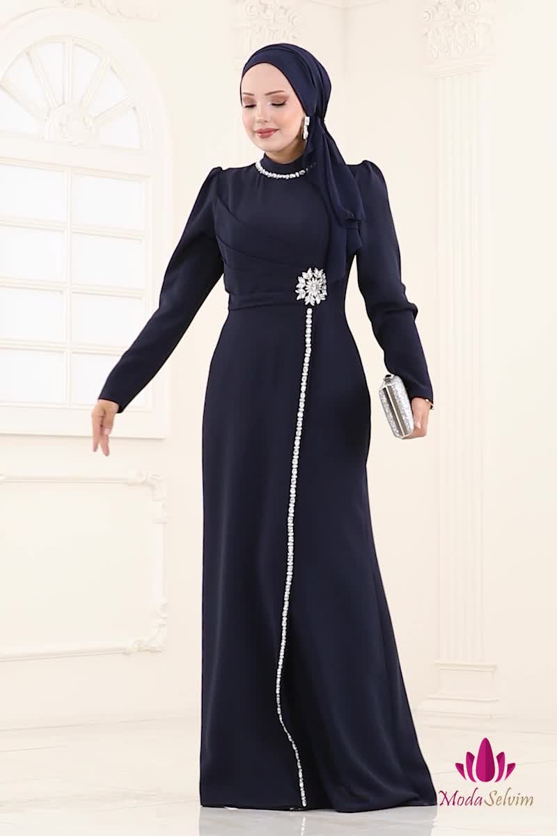 moda selvim فستان سهرة كحلي 8116ABK1075 - Thumbnail