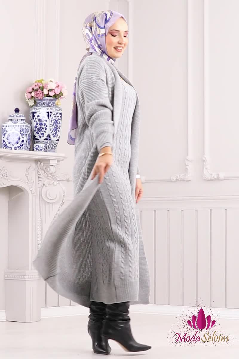 moda selvim Triko Hırkalı Elbise Takım 300KLB1050 Gri - Thumbnail