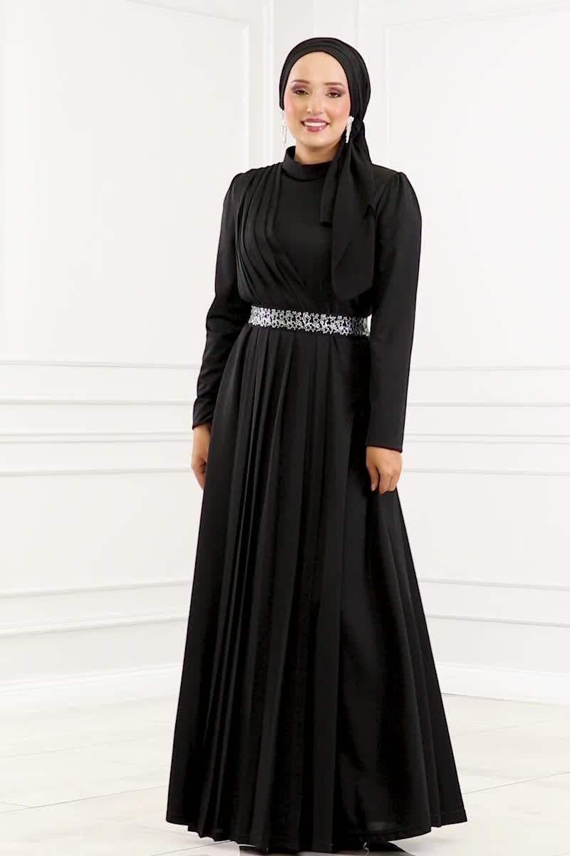 moda selvim Evening Dresses with Stone Embroidered Belt 259DVL817 Black - Thumbnail