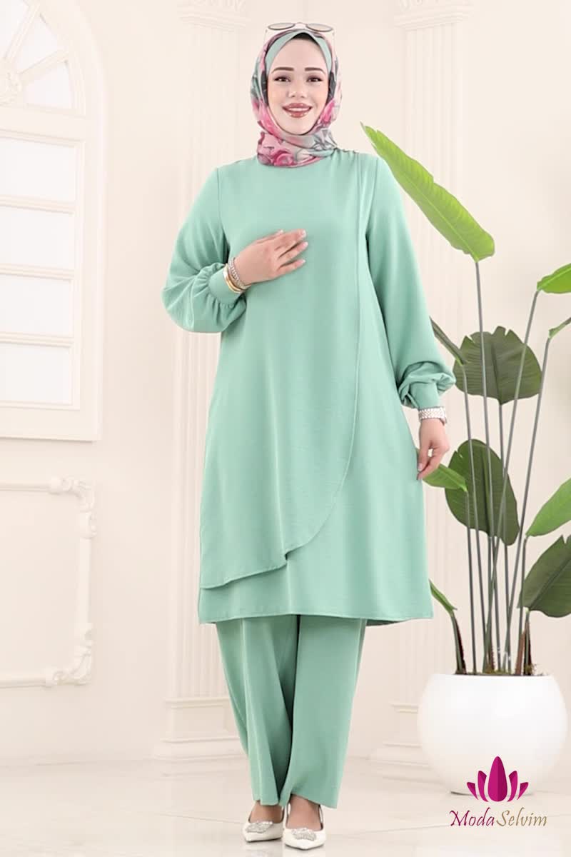 moda selvim طقم أخضر باهت 448DVL817 - Thumbnail