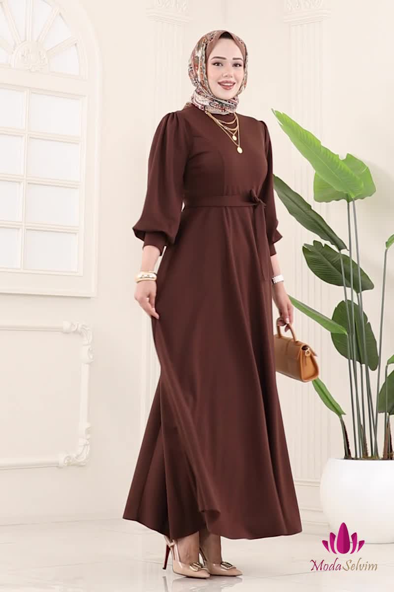 moda selvim الفستان بني 23031UKB139 - Thumbnail