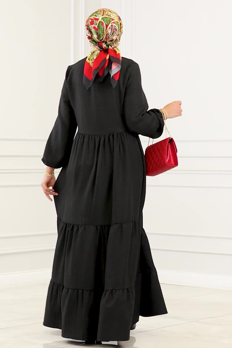 moda selvim Yakası Bağcıklı Keten Elbise 256DVL817 Siyah - Thumbnail