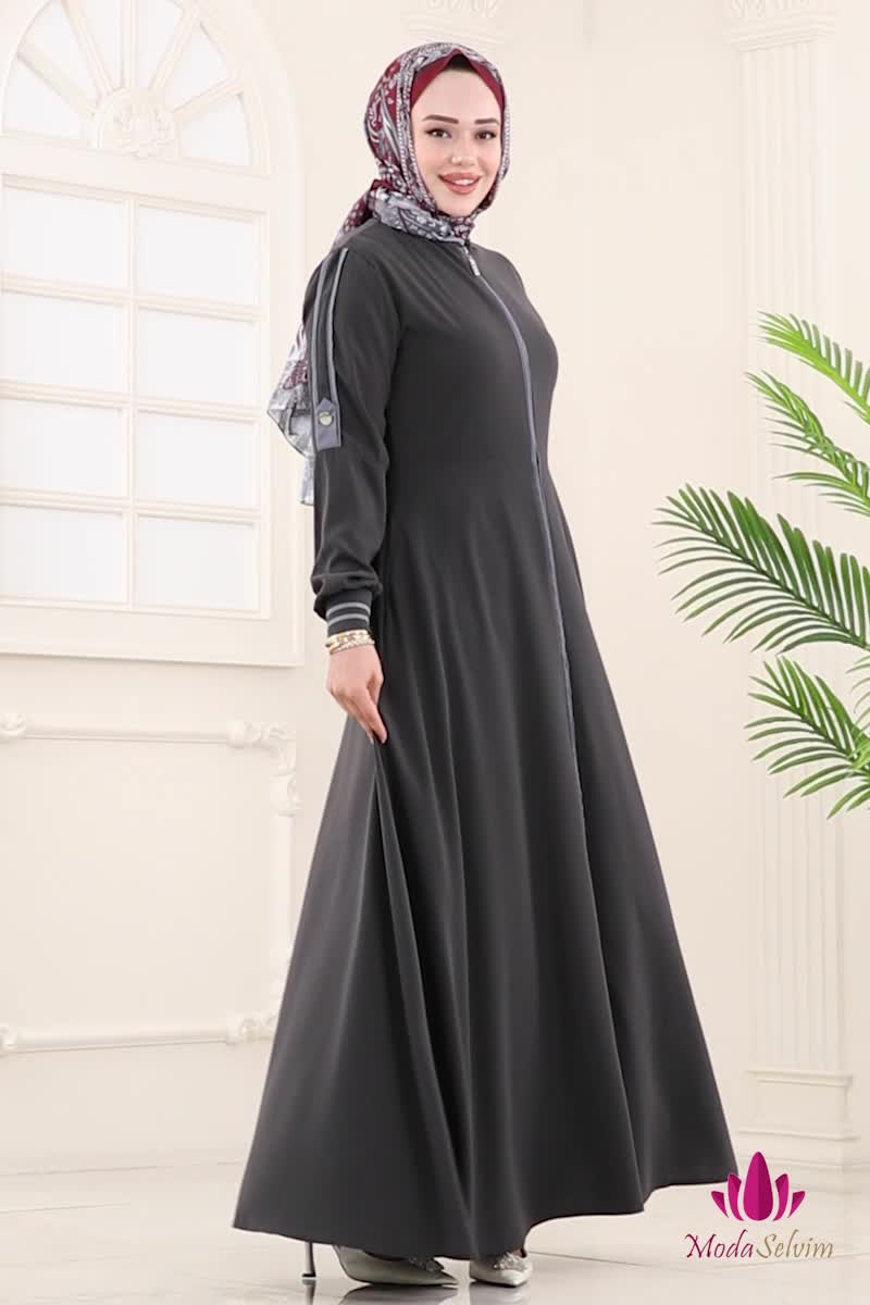 moda selvim عباءة رمادي غامق 2793SL432 - Thumbnail