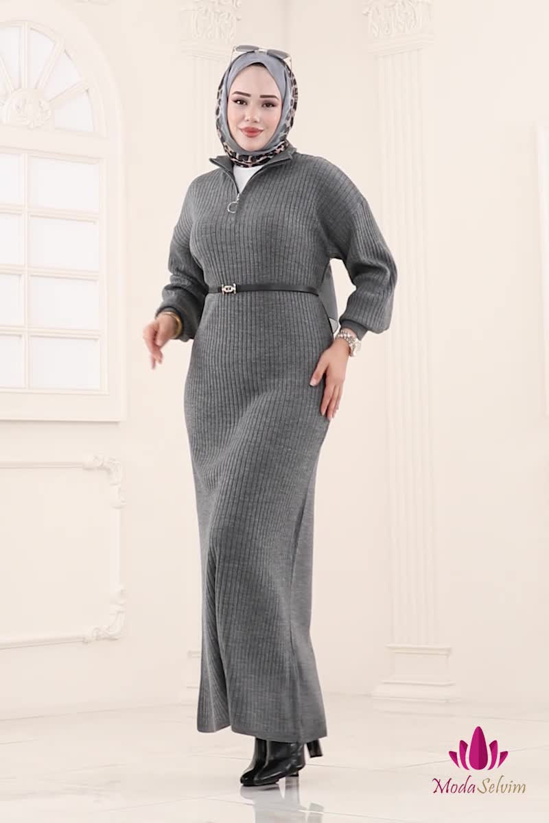 moda selvim الفستان رمادي غامق 8341KL398 - Thumbnail