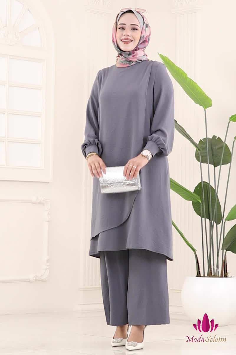 moda selvim Aksesuar Düğmeli Aerobin Takım 448DVL817 Gri - Thumbnail