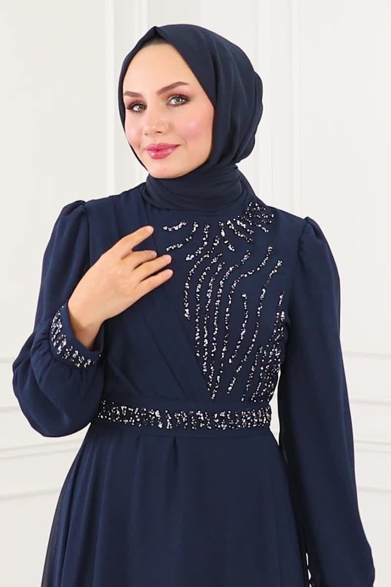 moda selvim Evening Dress 6583YG95 Navy Blue - Thumbnail