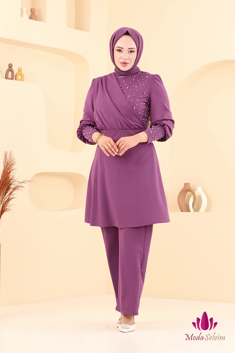 moda selvim طقم ليلكي غامق ASM2809 - Thumbnail