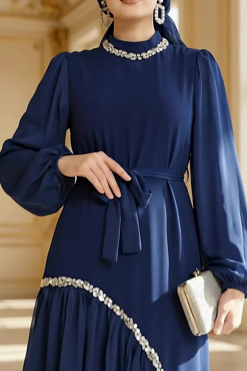 moda selvim فستان سهرة كحلي فاتح 5735EDF311 - Thumbnail