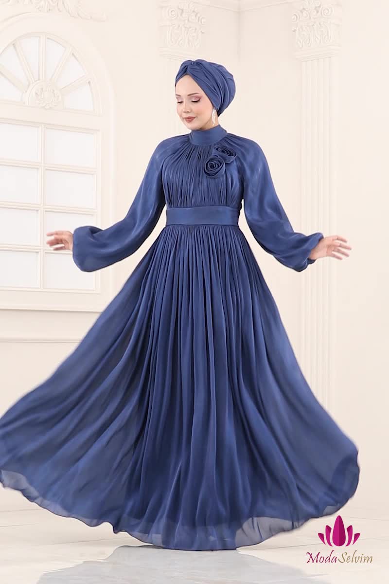 moda selvim Gül Aksesuarlı Pliseli Abiye 5299D170 İndigo - Thumbnail