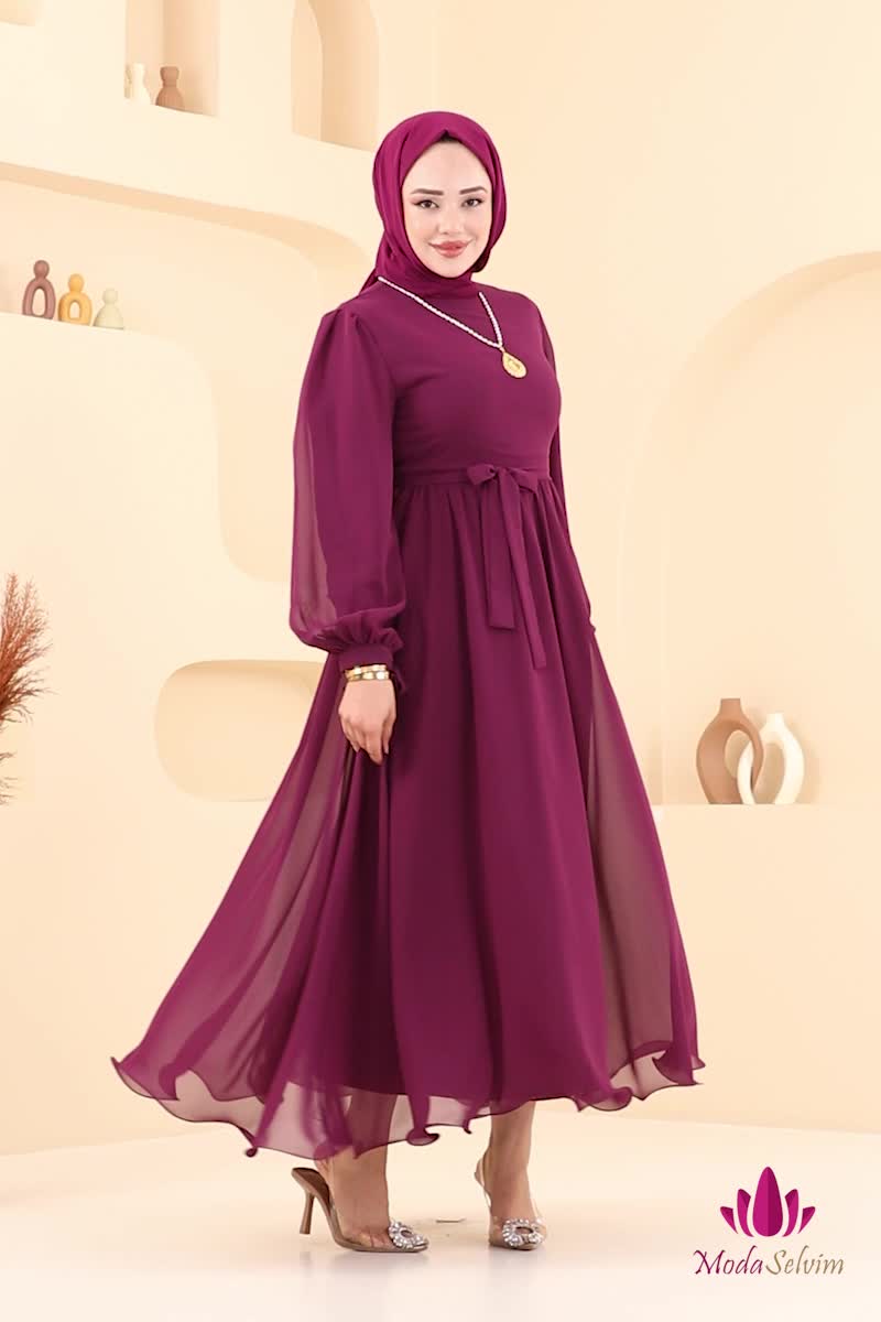 moda selvim Evening Dress 6217BSK463 Damson - Thumbnail