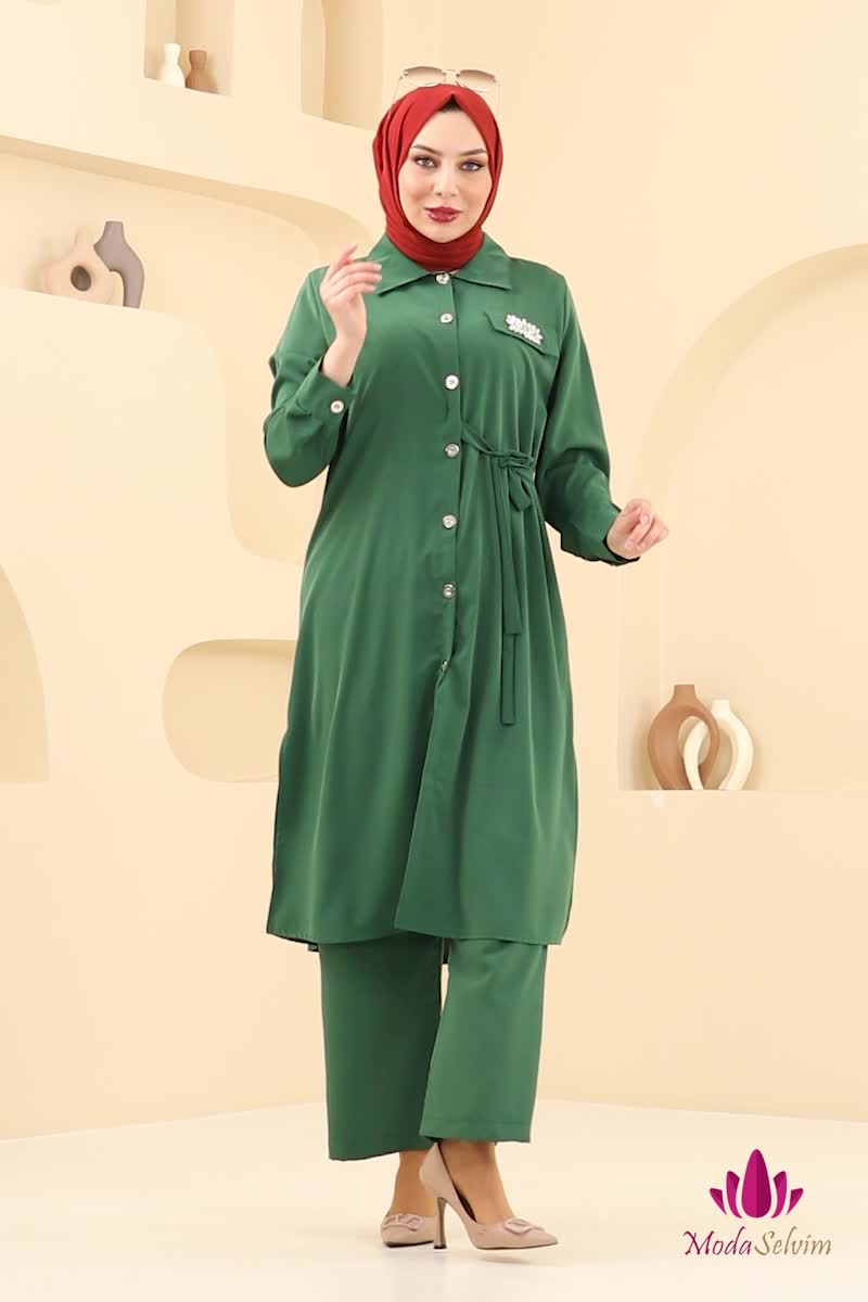 moda selvim Yandan Bağcıklı Dubai İpeği Takım 3115BLU797 Yeşil - Thumbnail