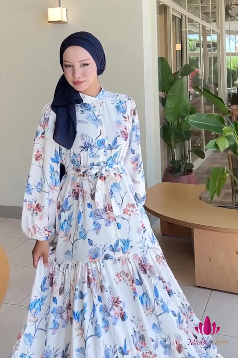 moda selvim Yarım Düğmeli Desenli Elbise 563BRZK1151 Mavi - Thumbnail