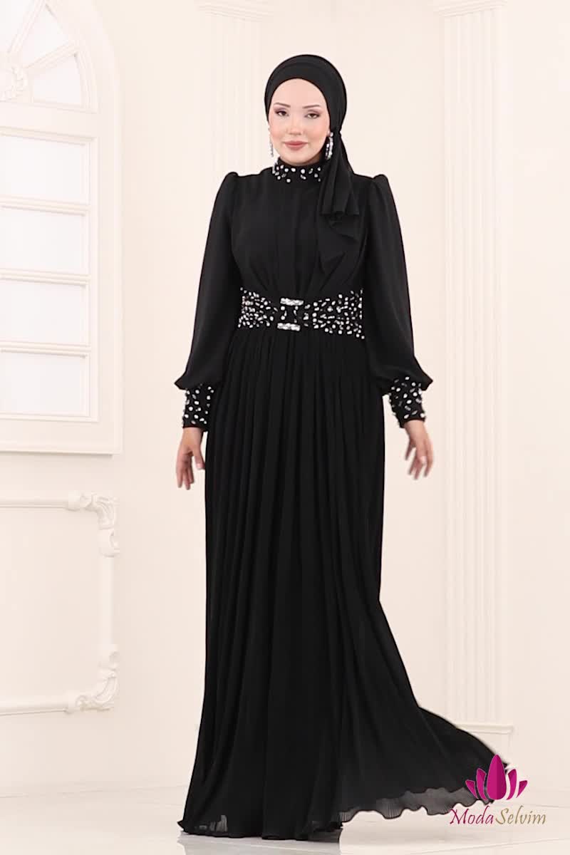 moda selvim SUAL Taş Detaylı Piliseli Abiye 4924SRH861 Siyah - Thumbnail