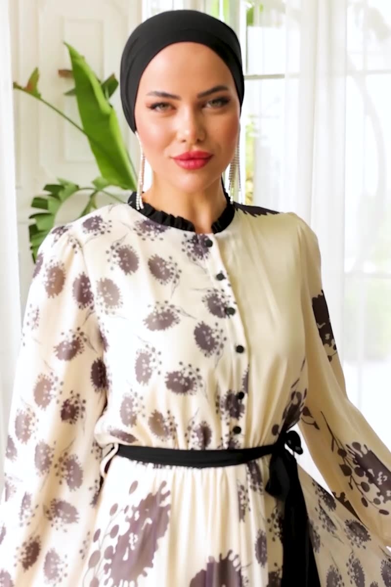 moda selvim SUAL Desenli Kemerli Şifon Elbise 4550D170 Siyah - Thumbnail