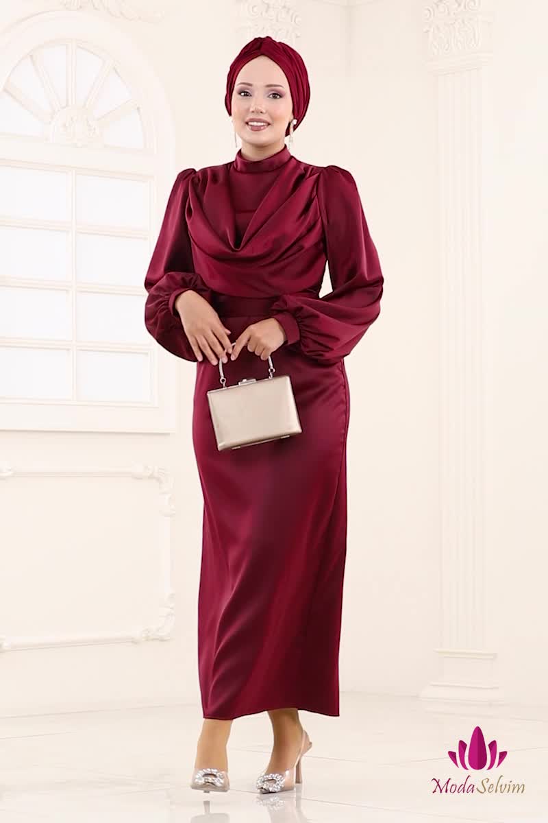 moda selvim Degaje Yaka Saten Abiye 4550ALG474 Bordo - Thumbnail