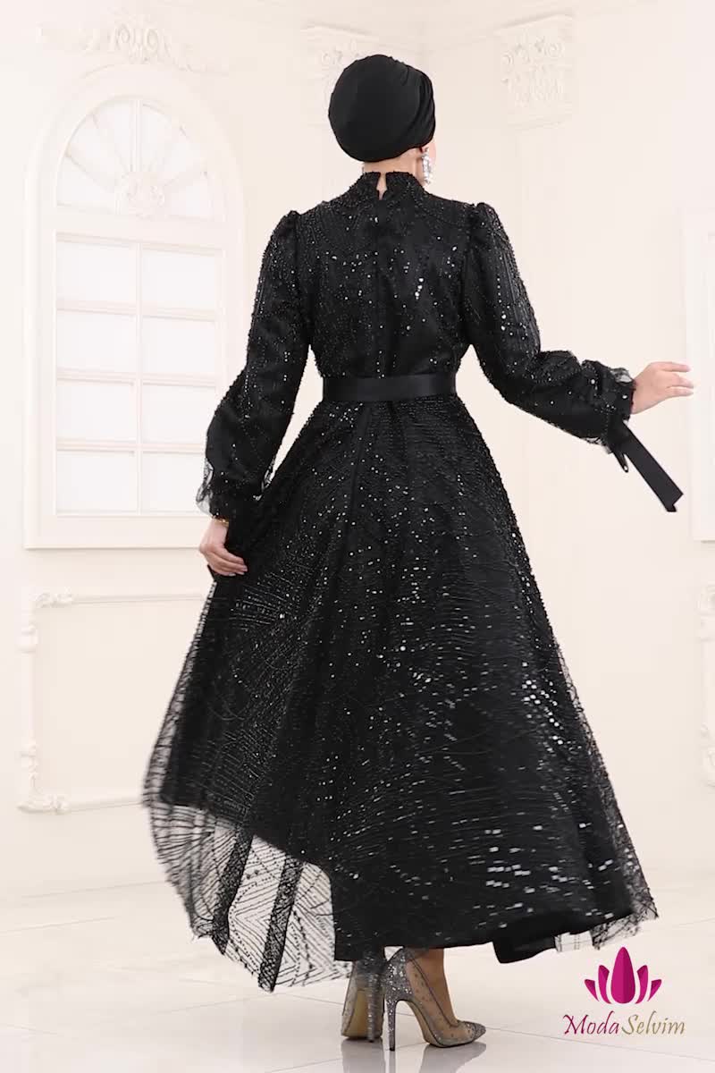 moda selvim فستان سهرة أسود 6641YG95 - Thumbnail