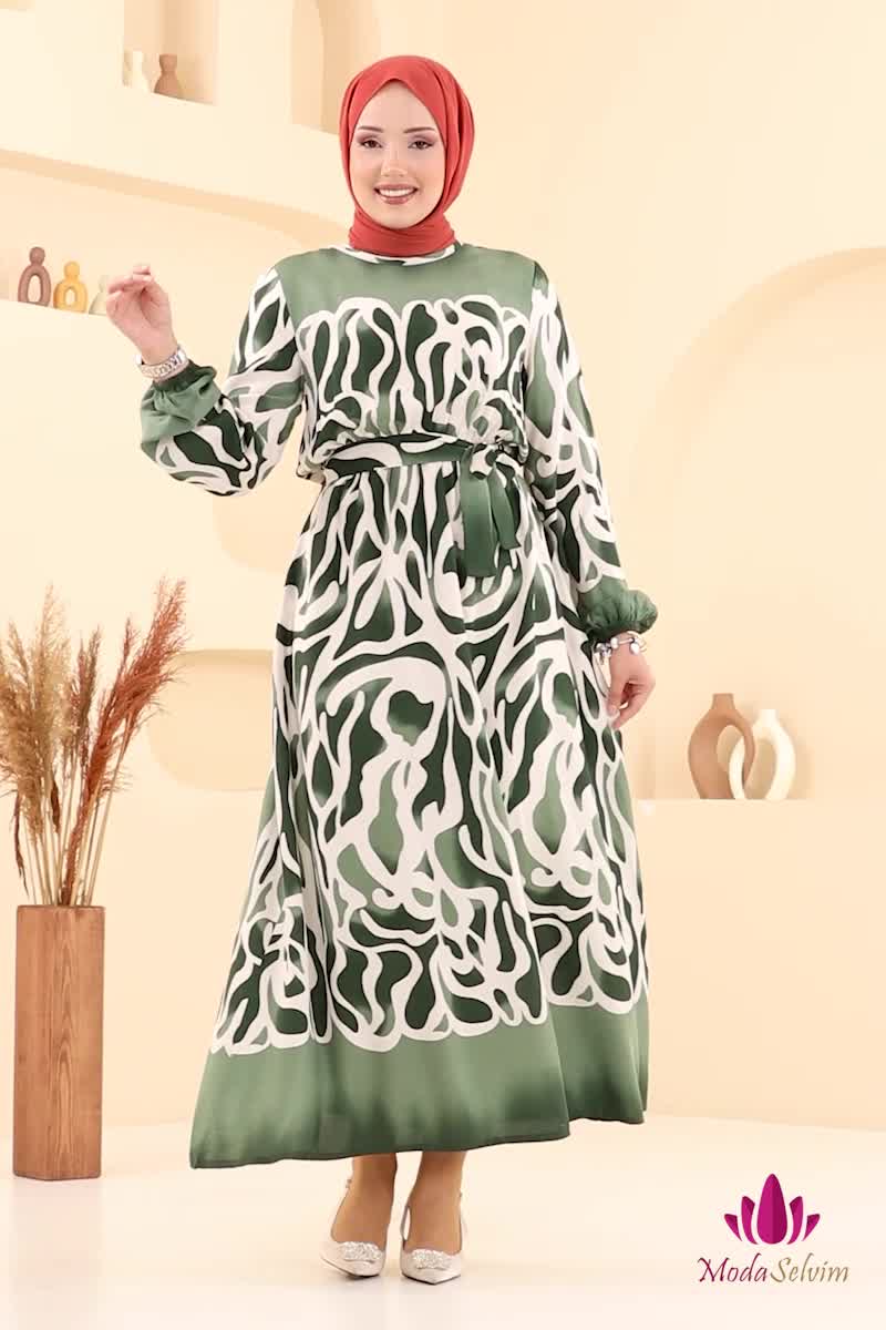 moda selvim Beli Lastikli Desenli Elbise 7127BG354 Haki - Thumbnail