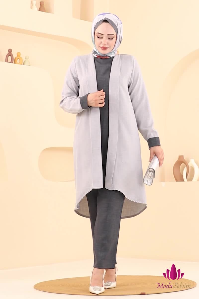 moda selvim طقم رمادي ورمادي غامق 3129HBS856 - Thumbnail