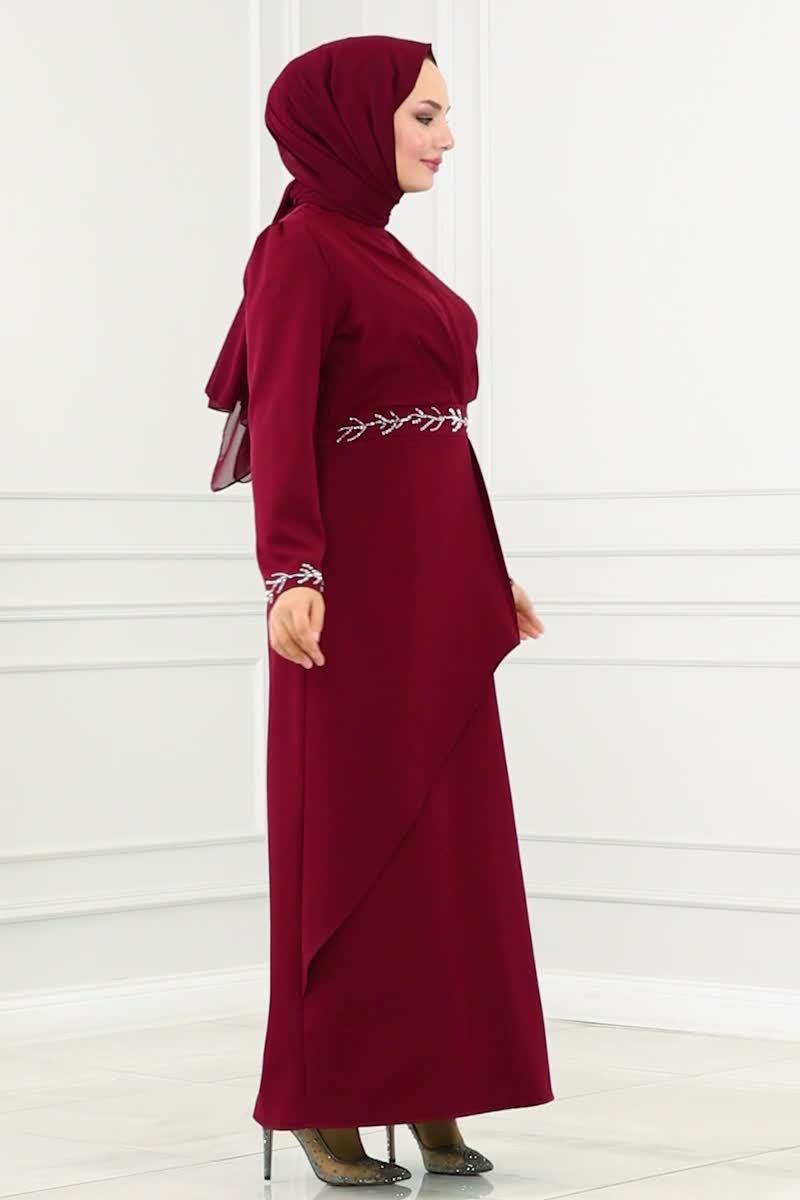 moda selvim Evening Dress 3020KTR750 Burgundy - Thumbnail