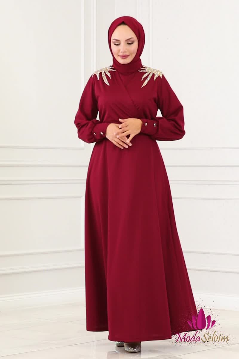 moda selvim EVENING DRESS 275DVL817 Burgundy - Thumbnail