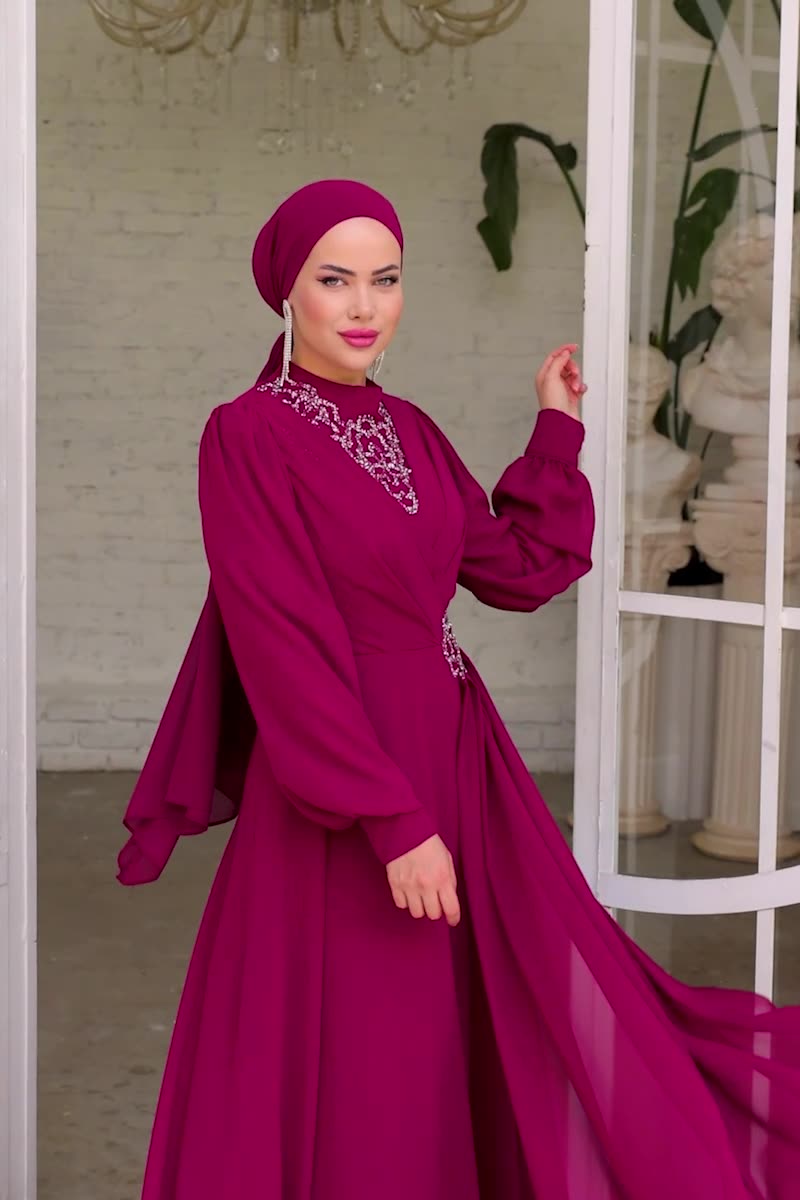 moda selvim 52882ALM181 بنفسجي غامق فساتين سهره - Thumbnail