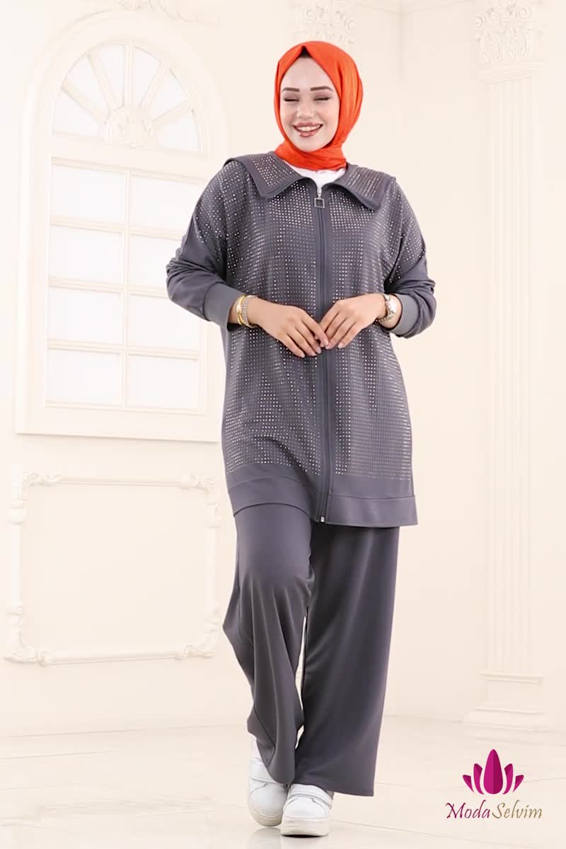 moda selvim طقم رمادي غامق 3335UZ662 - Thumbnail