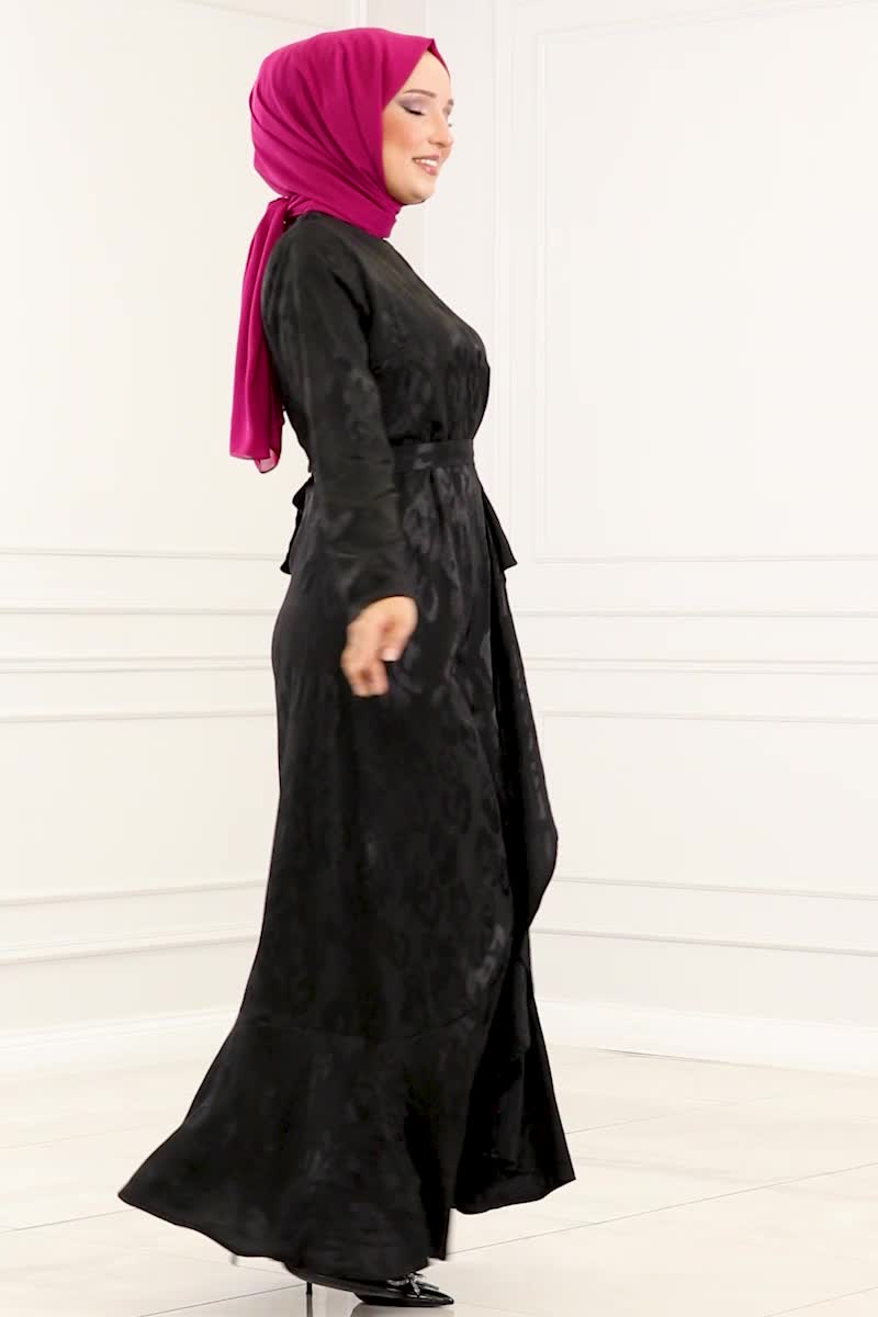 moda selvim Eteği Fırfırlı Jakar Elbise 5000HBS856 Siyah - Thumbnail
