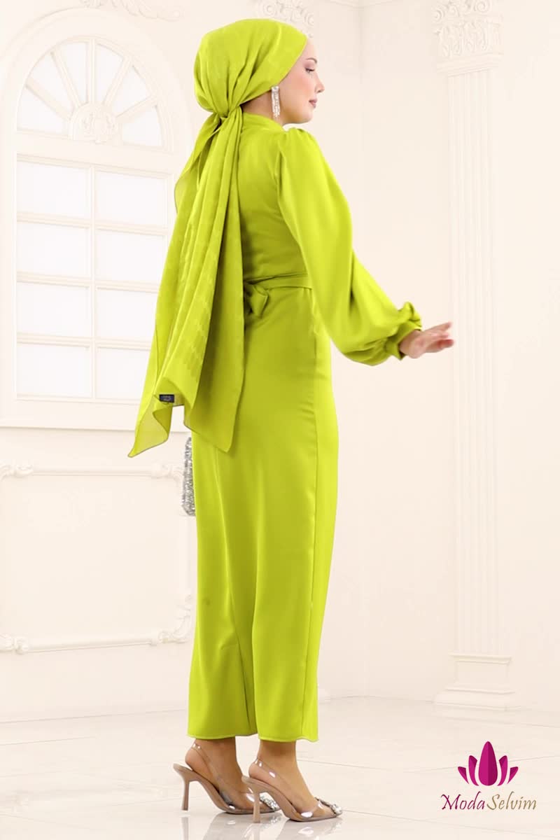 moda selvim فستان سهرة أخضر 4550ALG474 - Thumbnail