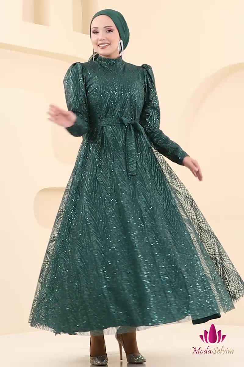 moda selvim Beli Bağcıklı Simli Tül Abiye 5705EDF311 Zümrüt - Thumbnail