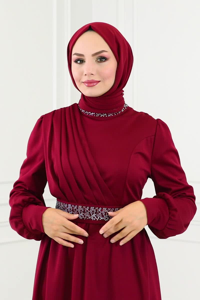 moda selvim Drape Taş Detaylı Tesettür Takım 279DVL817 Bordo - Thumbnail