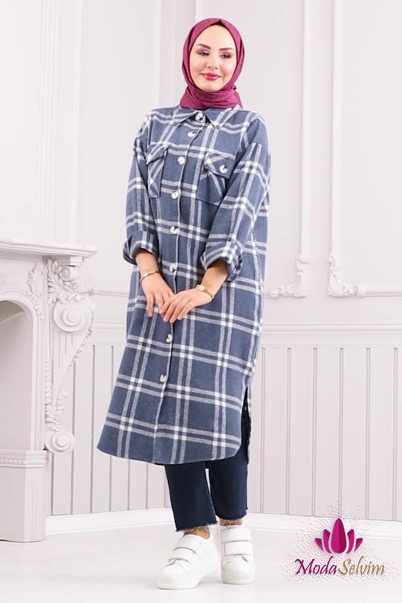 moda selvim Oversize Oduncu Ekose Tunik 3089BLU797 İndigo - Thumbnail