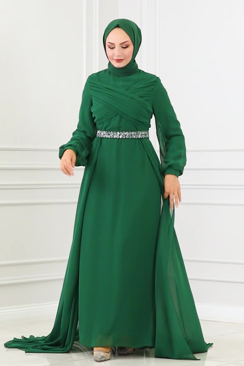 moda selvim Evening Dress 5940AB368 Emerald - Thumbnail