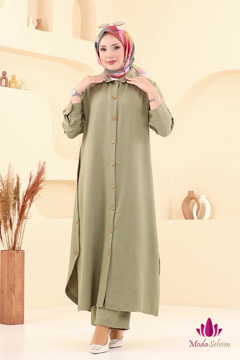 moda selvim Yırtmaç Düğmeli Takım 833OZN1046 Açık Çağla - Thumbnail