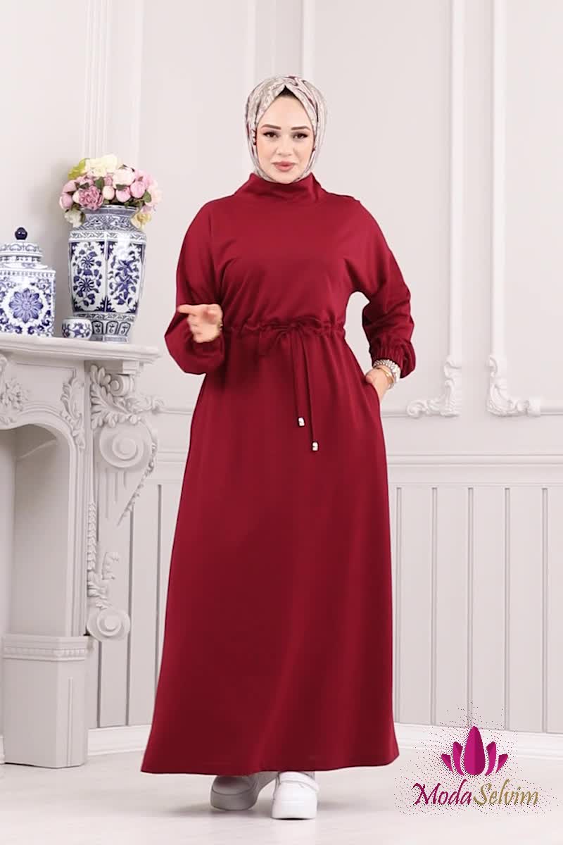 moda selvim Beli Tünelli Tesettür Elbise 328DVL817 Bordo - Thumbnail