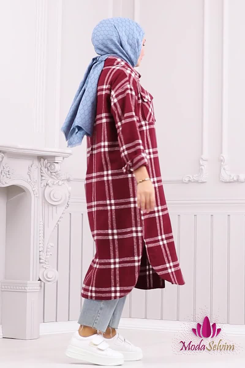 moda selvim Oversize Oduncu Ekose Tunik 3089BLU797 Bordo - Thumbnail