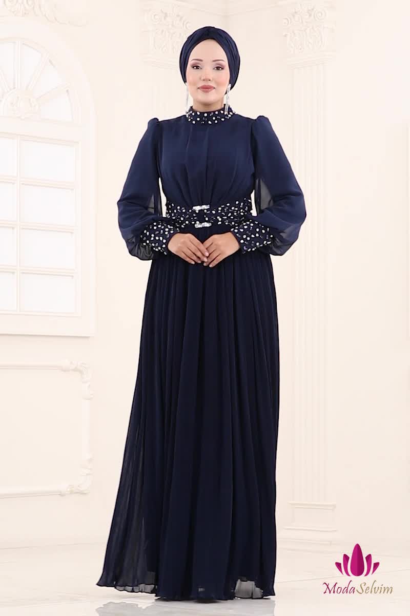 moda selvim SUAL Taş Detaylı Piliseli Abiye 4924SRH861 Laci - Thumbnail