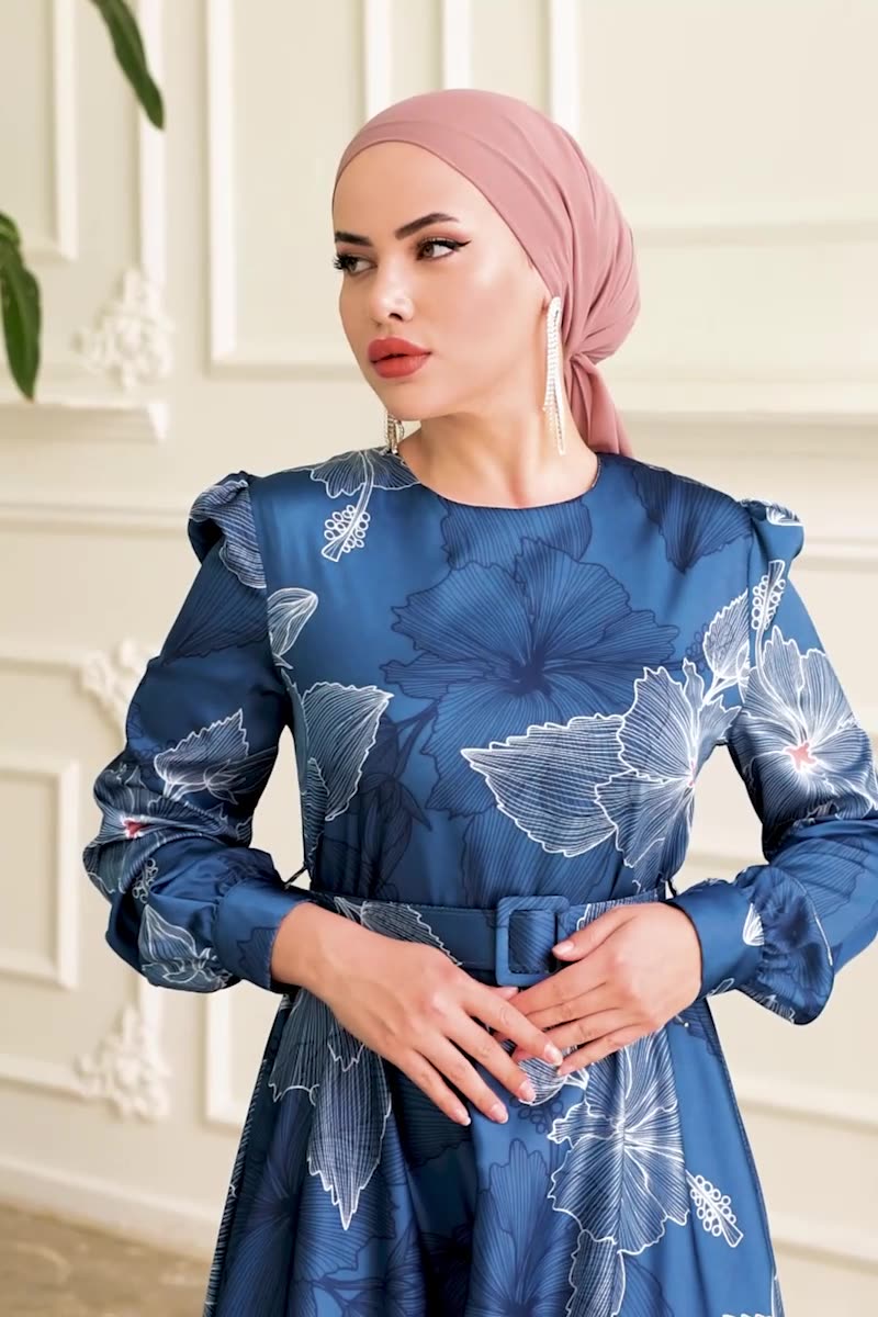 moda selvim SUAL Çiçek Desenli Kemerli Elbise 4000D170 İndigo - Thumbnail
