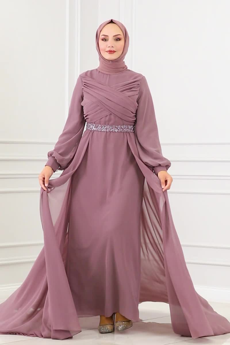 moda selvim Drape Detaylı Taşlı Abiye 5940AB368 Koyu Lila - Thumbnail