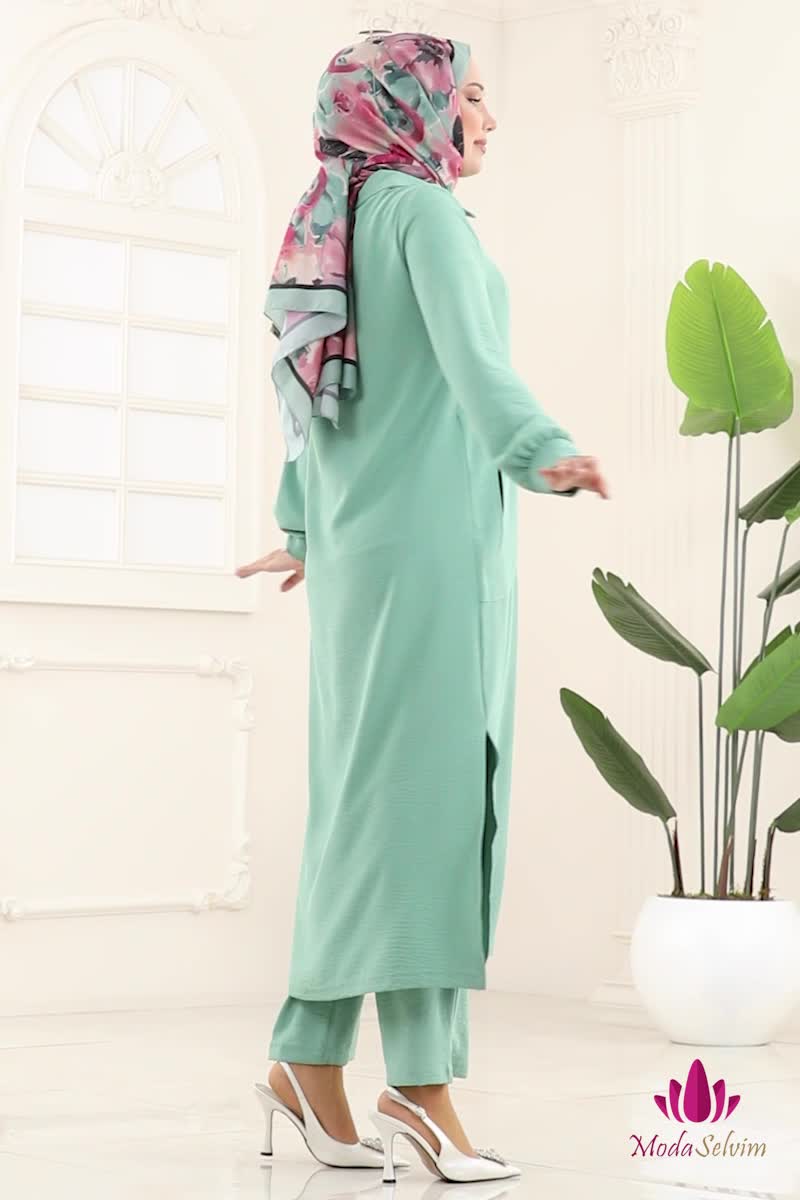 moda selvim طقم أخضر باهت 446DVL817 - Thumbnail