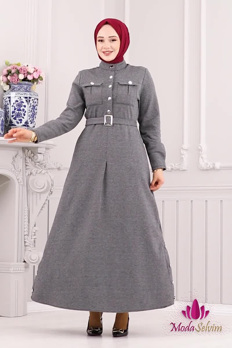 moda selvim Dress PL9108 Gray - Thumbnail