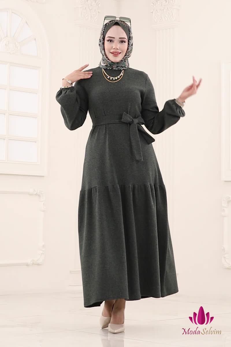 moda selvim الفستان اخضر عفني 24002UKB139 - Thumbnail