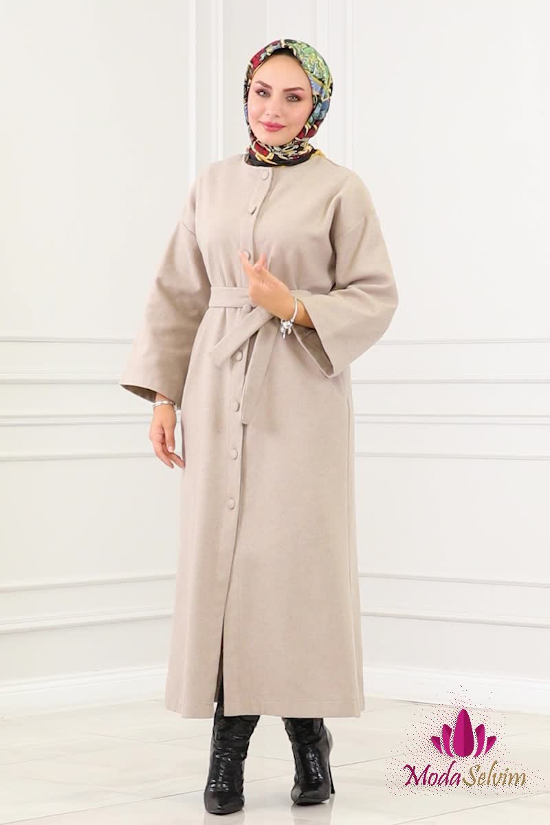 moda selvim Coat 6130BSK463 Stone - Thumbnail