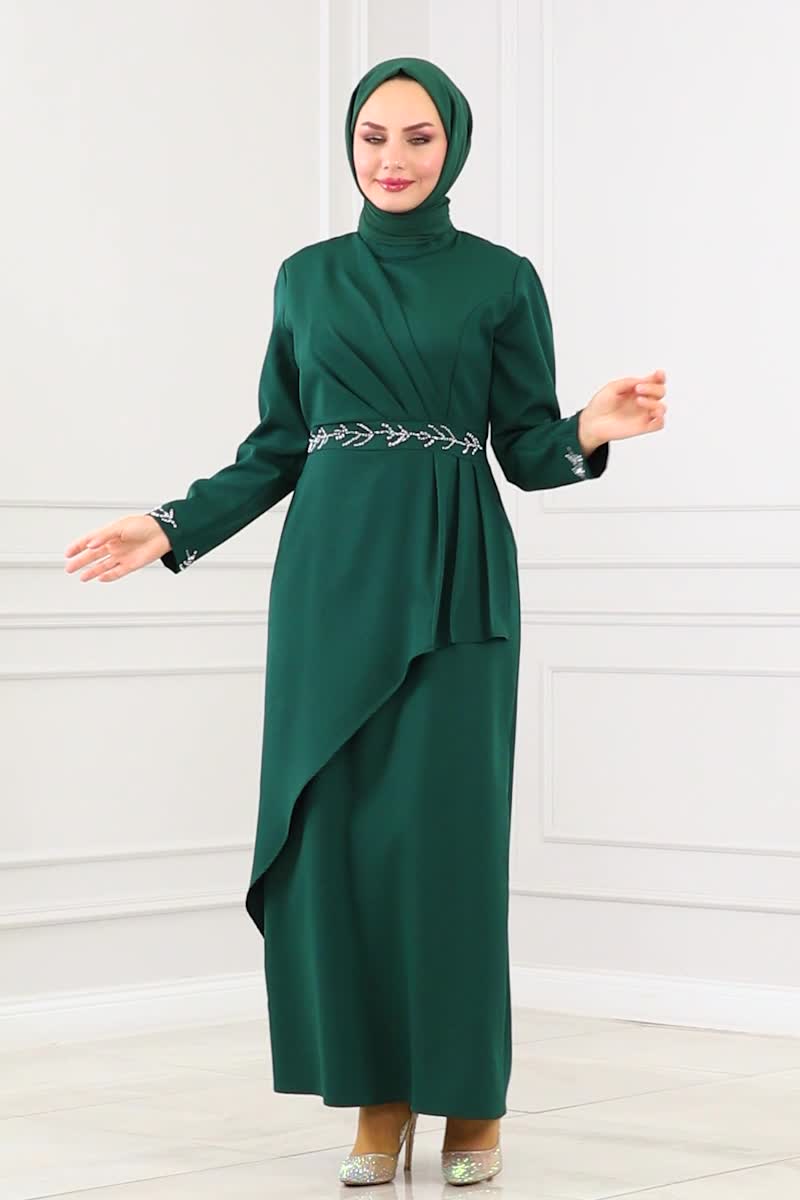 moda selvim EVENING DRESS 3020KTR750 Emerald - Thumbnail