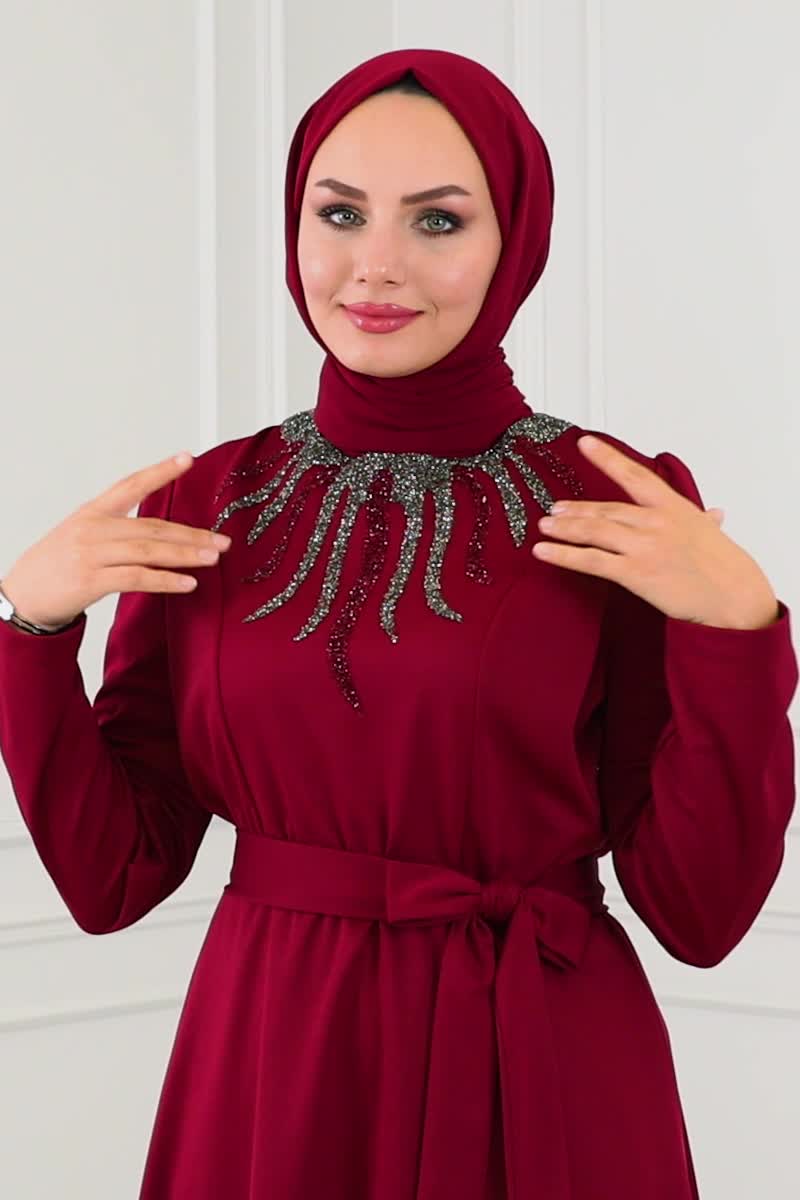 moda selvim Taş İşlemeli Tesettür Takım 281DVL817 Bordo - Thumbnail