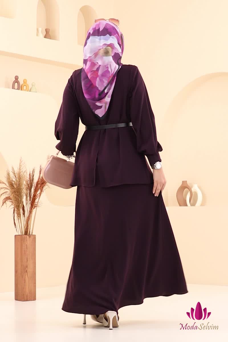 moda selvim Asimetrik Kesim Elbise Ferace 112OZT1013 Mürdüm - Thumbnail