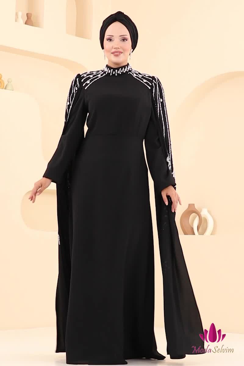 moda selvim Evening Dress 5696EDF311 Black - Thumbnail